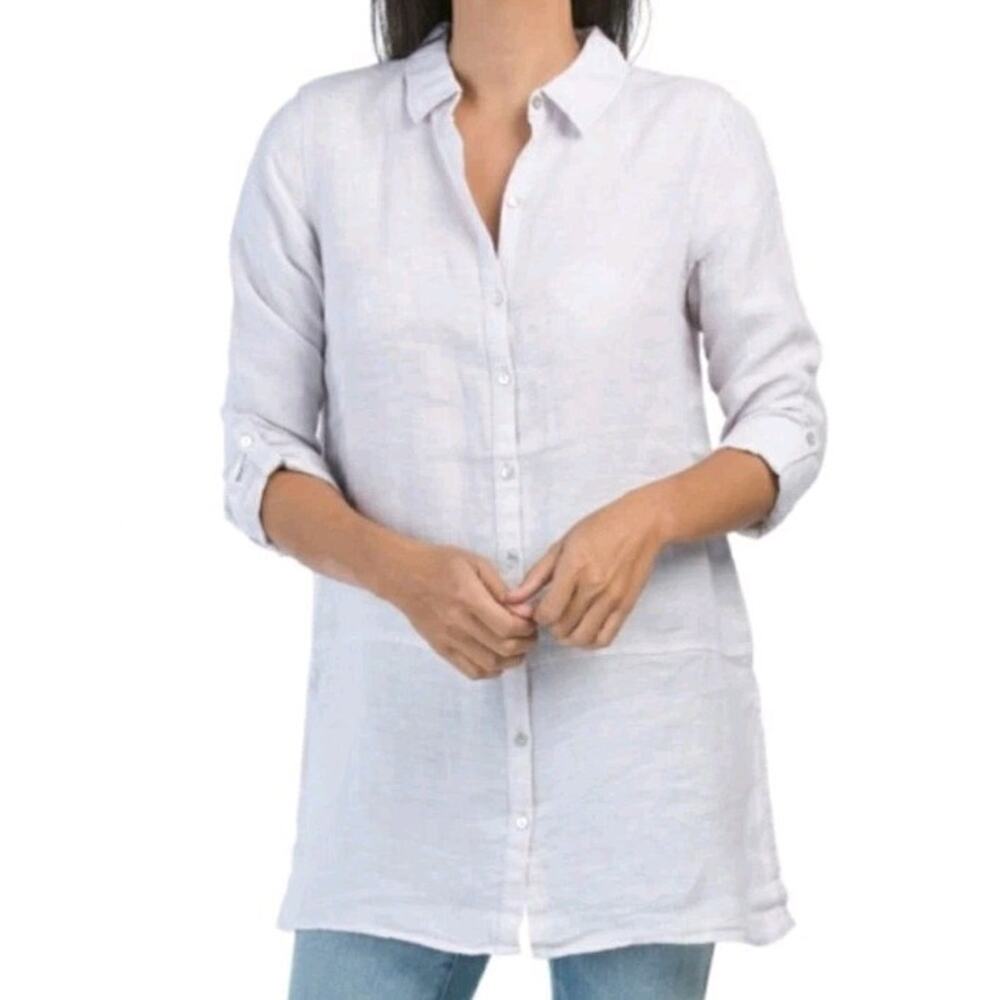 Tahari size Large White Linen Button Front Tunic Length Shirt Roll Tab Sleeve